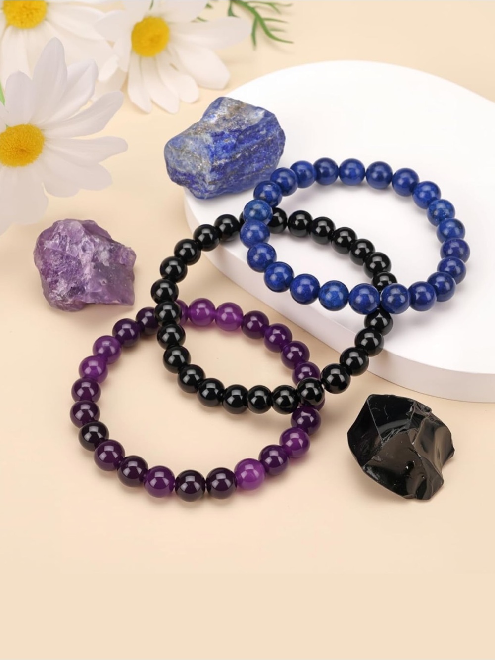 🆕New Stress Relief Gemstone Bracelet Set-Amethyst, Obsidian & Lapis Lazuli